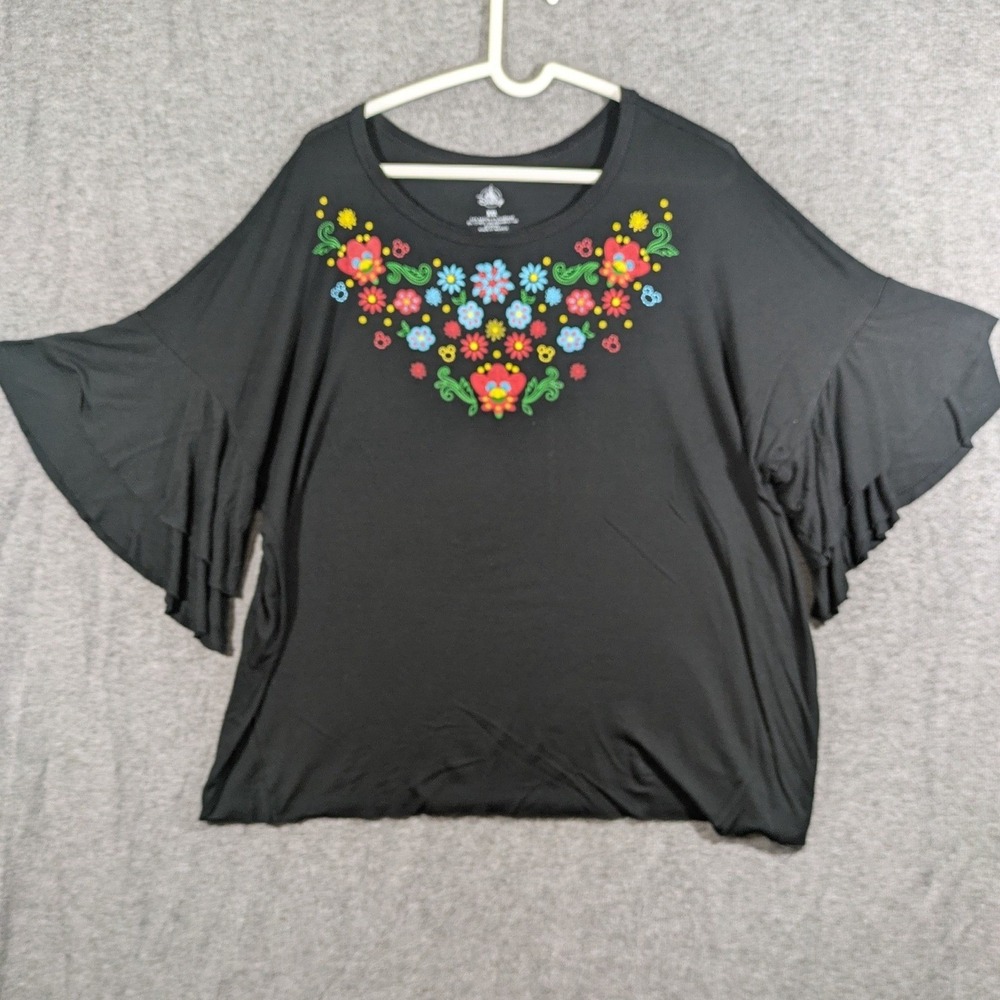 Disney Parks Floral Mickey Embroidered Ruffle Bell Sleeve Top Black XXL